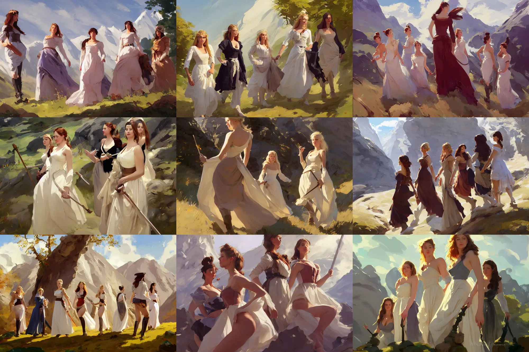 Prompt: five of beautiful finnish norwegian swedish scandinavian attractive glamour models wearing 1 7 th century bodice with low neckline walking in the mountains in a sunny day, jodhpurs greg manchess painting by sargent and leyendecker, studio ghibli fantasy medium shot asymmetrical intricate elegant matte painting illustration hearthstone, by greg rutkowski by greg tocchini by james gilleard