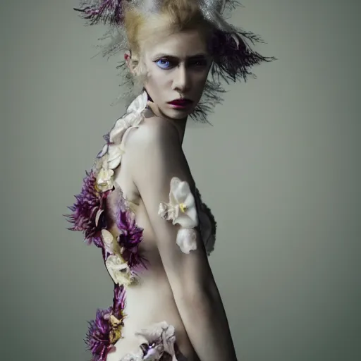 Image similar to long shot kodak portra 4 0 0, 8 k, volumetric lighting, highly detailed, britt marling style 3 / 4 fine art portrait photography in style of paolo roversi, orchid, orchid flower human hybrid, 3 d render 1 5 0 mm lens, art nouveau fashion royal details, elegant hyperrealistic ultra detailed, 8 k