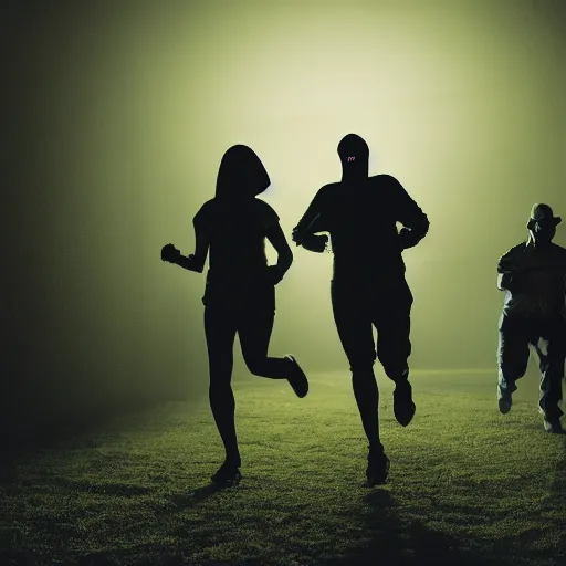 Image similar to cinematic lighting photograph of proffesional Ghost hunters running away from a person wearing a haloween ghost costume chasing them