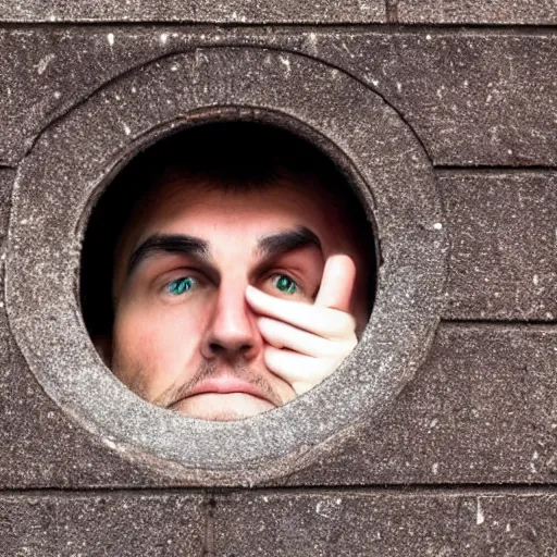 Prompt: a very nosy person not minding their own business, man peeping through a peek hole, creepy,