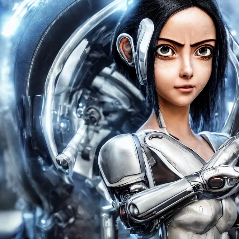 Image similar to scifi alita battle angel, elegant lady, big eyes, smiling face, extremely high detail, extremely high detailed face, cyborg, photorealism, sony a 7 r