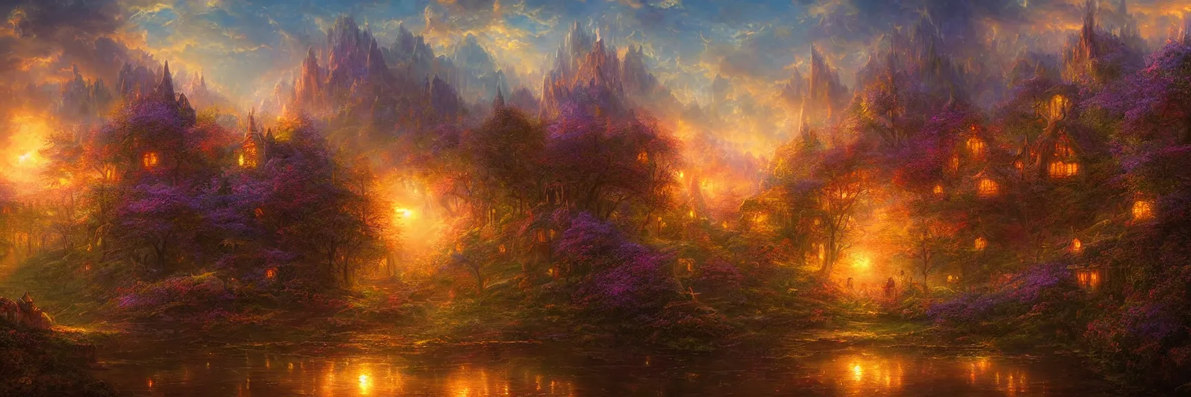 Image similar to a beautiful fantasy enchanted night landscape painting of a magical panorama visionary art by gilbert williams and john avon and marc simonetti and Mark Keathley, trending on artstation hq 8k