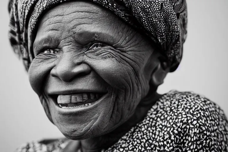 Prompt: still photo of a old african woman smiling at the camera on the street, black and white color aesthetic, highly detailed, photorealistic portrait, bright studio setting, studio lighting, crisp quality and light reflections, unreal engine 5 quality render