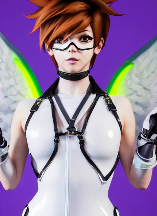 Image similar to portrait bust digital artwork of tracer overwatch, wearing white iridescent rainbow latex and leather straps catsuit outfit, 4 k, expressive happy smug expression, makeup, in style of mark arian, angel wings, wearing detailed black leather collar, chains, black leather harness, detailed face and eyes,