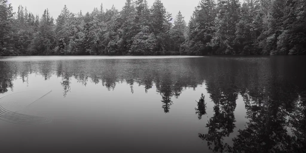 Prompt: centered photograph of a long rope zig zagging across the surface of the water, floating submerged rope stretching out towards the center of the lake, a dark lake on a cloudy day, color film, trees in the background, hyperedetailed photo, moody volumetric, anamorphic lens