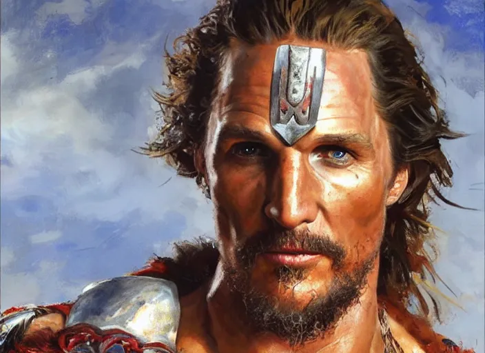 Image similar to a highly detailed beautiful portrait of matthew mcconaughey as kratos, by gregory manchess, james gurney, james jean