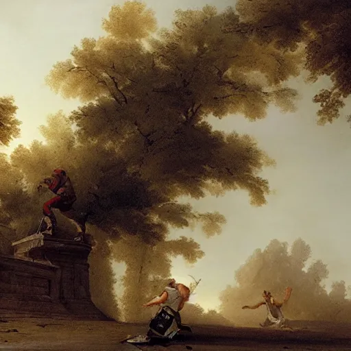 Prompt: skateboarder painting dynamic detailed by hubert robert