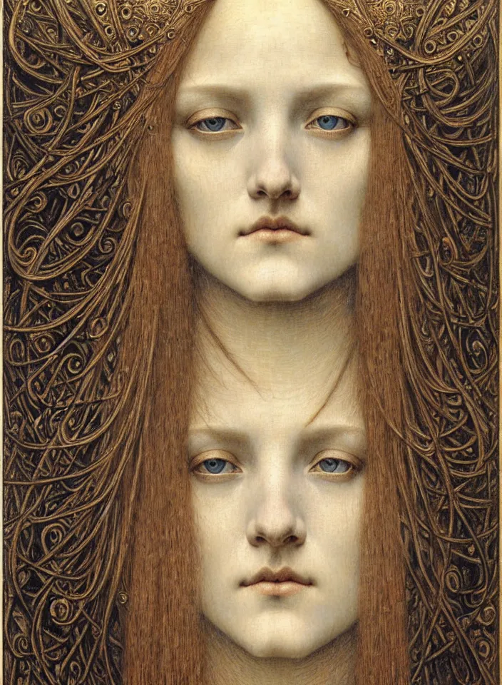 Image similar to detailed realistic beautiful young medieval queen face portrait by jean delville, gustave dore and marco mazzoni, art nouveau, symbolist, visionary, gothic, pre - raphaelite. horizontal symmetry