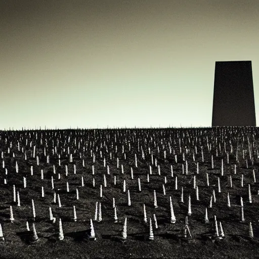 Image similar to radioactive spike field, monolithic granite spikes, one lone person standing in front of the spikes, creepy monotone black and white lighting, post nuclear fallout, desolate, no life, high resolution, old photo, distorted photo, slow corruption