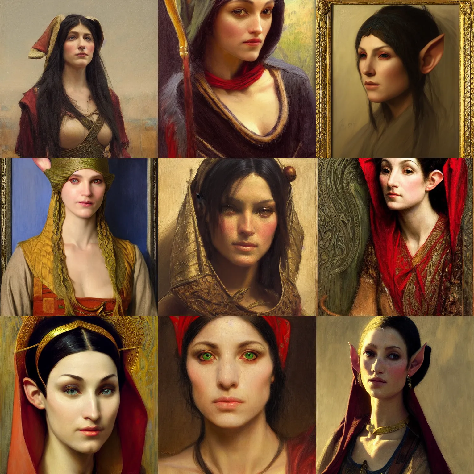 Prompt: orientalism face portrait of a female elf rogue by Edwin Longsden Long and Theodore Ralli and Nasreddine Dinet and Adam Styka, masterful intricate artwork. Oil on canvas, excellent lighting, high detail 8k