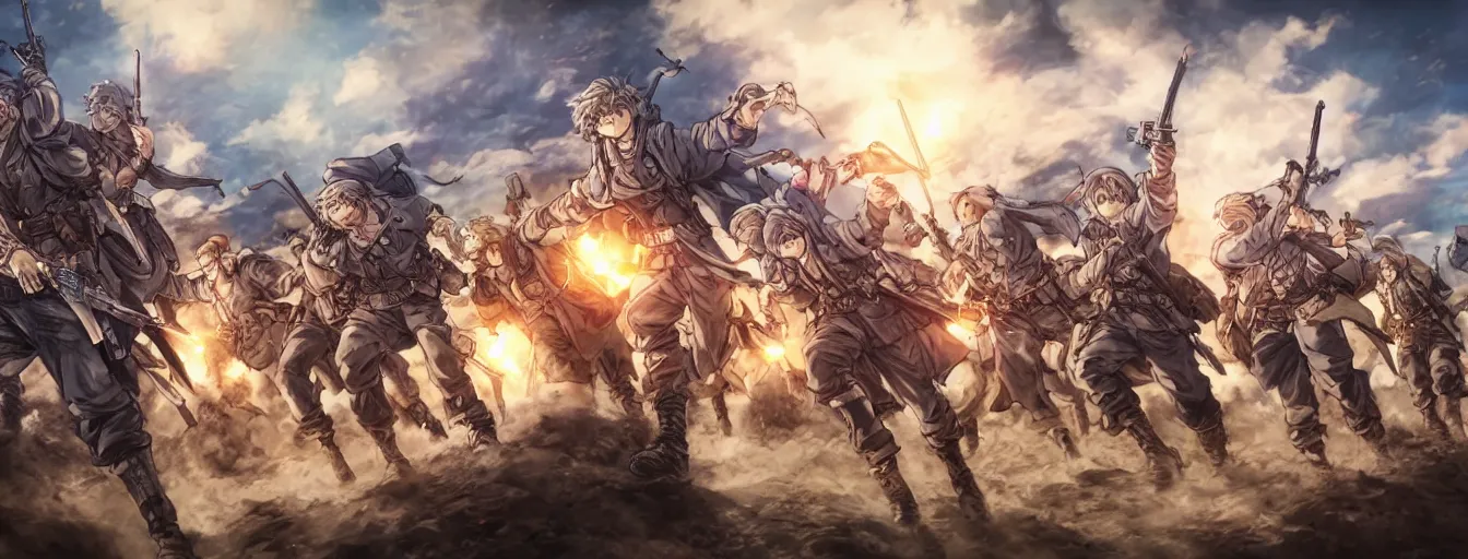 Prompt: calvary soldiers heroic final charge to their deaths. hyperrealistic anime background illustration by kim jung gi, colorful, extremely detailed faces, intricate linework, smooth, super sharp focus, bright colors, high contrast, matte, octopath traveler, studio ghibli, unreal engine 5 highly rendered, global illumination, radiant light