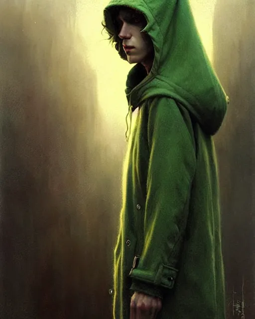 Prompt: portrait Green hooded jacket coat Hunter elf, long-haired By greg rutkowski, tom bagshaw, beksinski