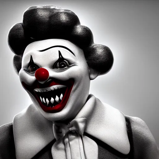 Image similar to black and white crying creepy clown smiling with sharp bloody teeth, highly detailed, sharp focus, octane render