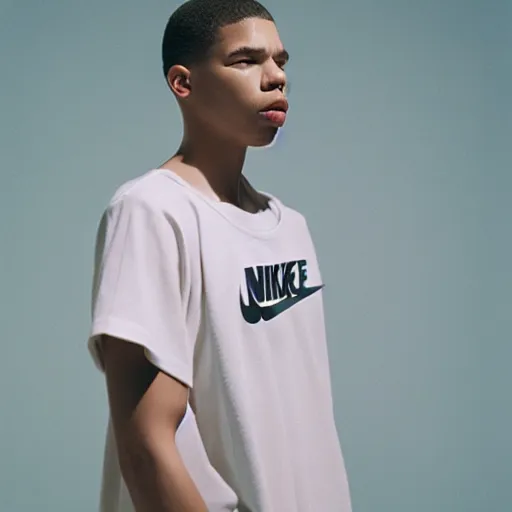 Image similar to realistic photoshoot for a new nike lookbook, color film photography, portrait of a beautiful caucasian person, in style of Tyler Mitchell, 35mm, graflex