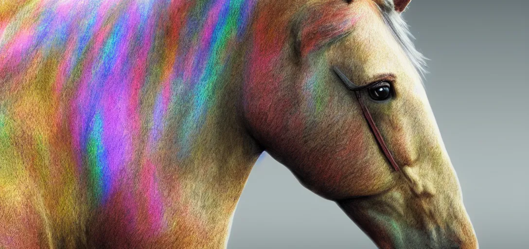 Image similar to perfect horse by David Manzur, hyperreal , complete scene, ornate, details, smooth, sharp focus, illustration, realistic, cinematic, artstation, award winning, rgb , unreal engine, octane render, cinematic light, iridescent details, iridescent colors, dichroic, macro, depth of field, blur, 8K,