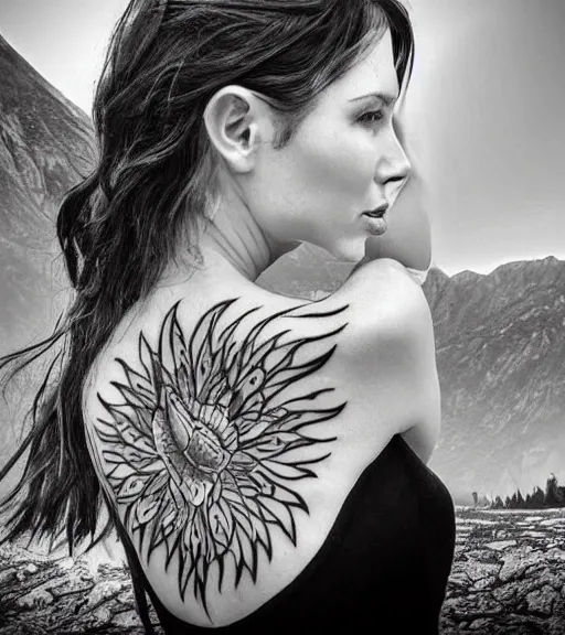Image similar to hyper realistic tattoo design of a very beautiful woman against a background of beautiful mountains and nature, in the style of den yakovlev, amazing detail, black and white