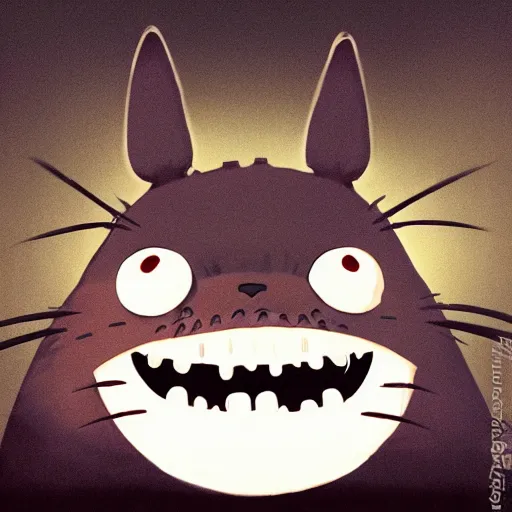 Prompt: terrifying photo of totoro with glowing eyes about to attack in a dark factory, claws, sharp teeth, aggressive violent realistic flash photography