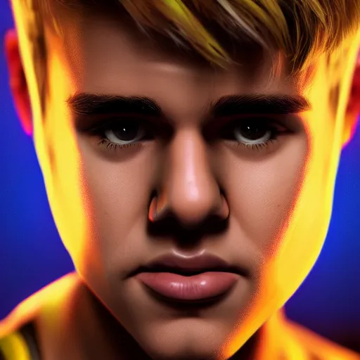 Prompt: A hyper real comic book style portait painting of Justin Bieber as a robot, unreal 5, hyperrealistic, octane render, cosplay, RPG portrait, dynamic lighting