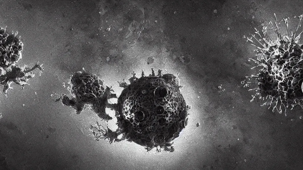 Prompt: a beautiful microscopic scientific photo of a coronavirus and a strange life form seen through an electron microscope, dark, sinister, detailed, art by Greg Rutkowski