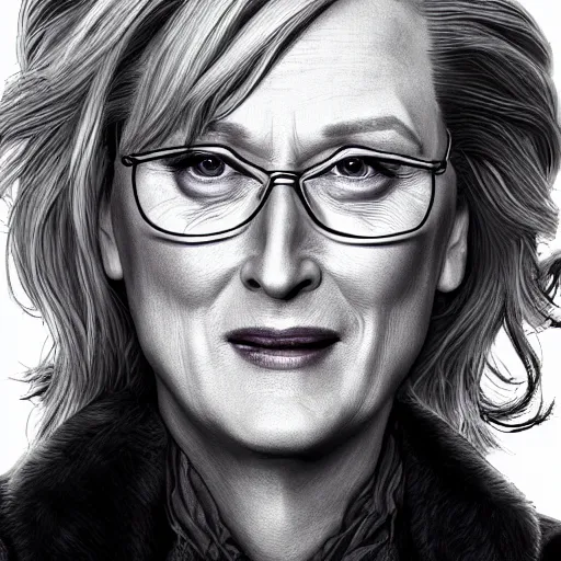 Image similar to meryl streep portrait, borderlands, tales from the borderlands, the wolf among us, comic, cinematic lighting, studio quality, 8 k