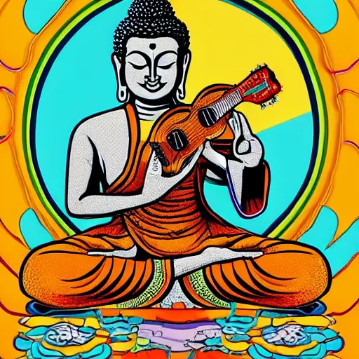 Image similar to buddha playin guitar with his band. symmetrical anatomy, very detailed design, complexity of the picture, with pop punk style, colorful, accompanied by body, pure image without duplication, trending dribble, drawn by vinicius gud and gustavo zambelli