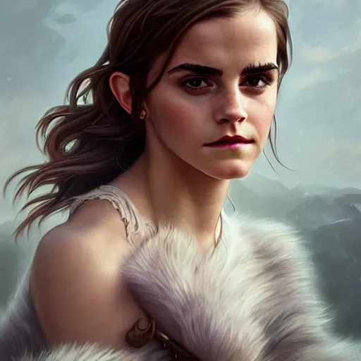 Image similar to portrait of emma watson, muscular, upper body, hairy torso, D&D, fantasy, intricate, elegant, highly detailed, digital painting, artstation, concept art, matte, sharp focus, illustration, art by Artgerm and Greg Rutkowski and Alphonse Mucha