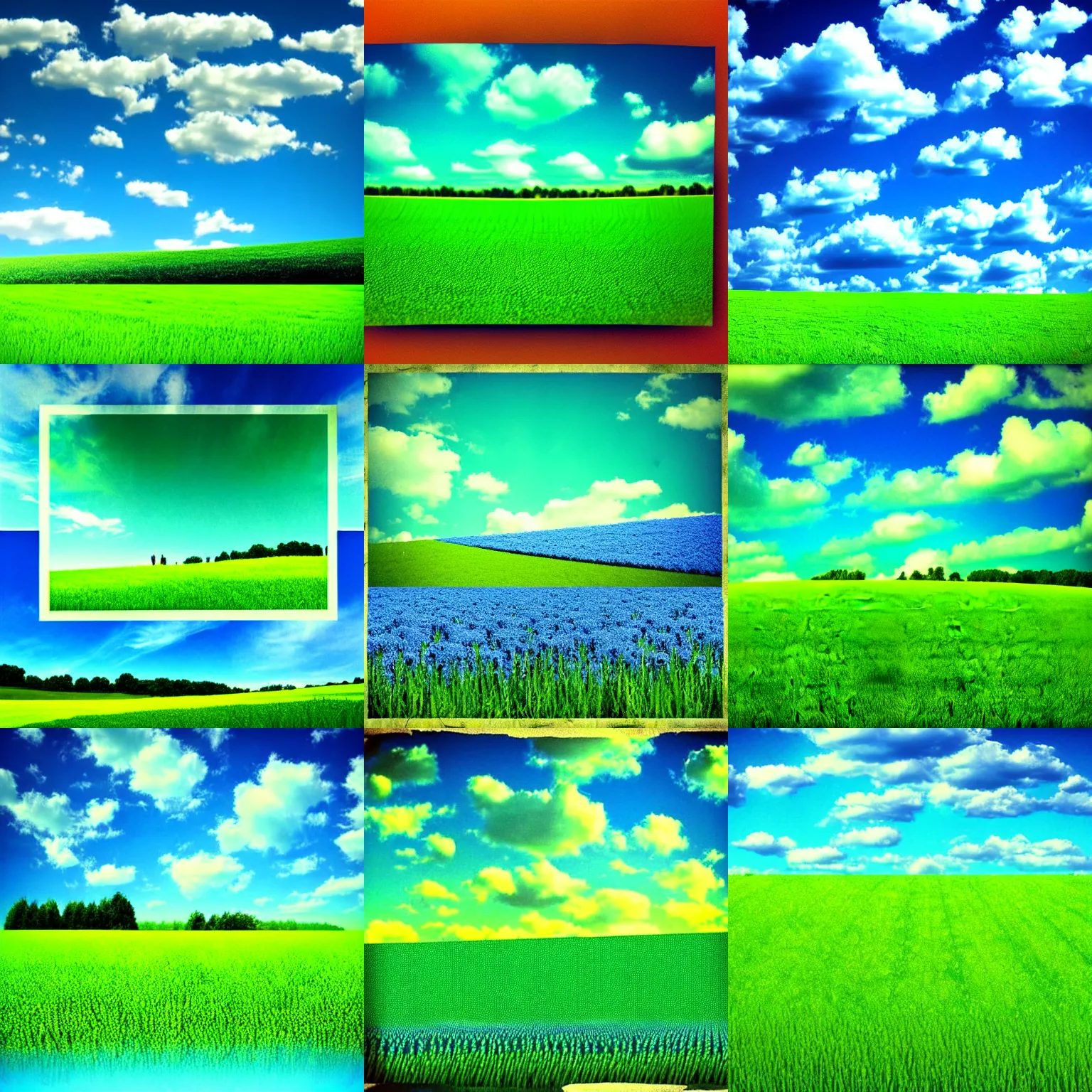 Prompt: a blu field, a green sky, surreal collage