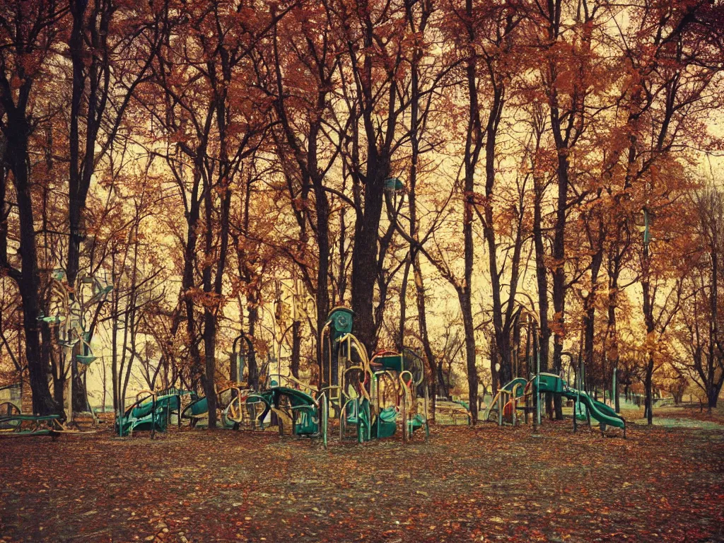 Image similar to a lomographic photo of abandoned playground of moscow, autumn, cinestill, bokeh