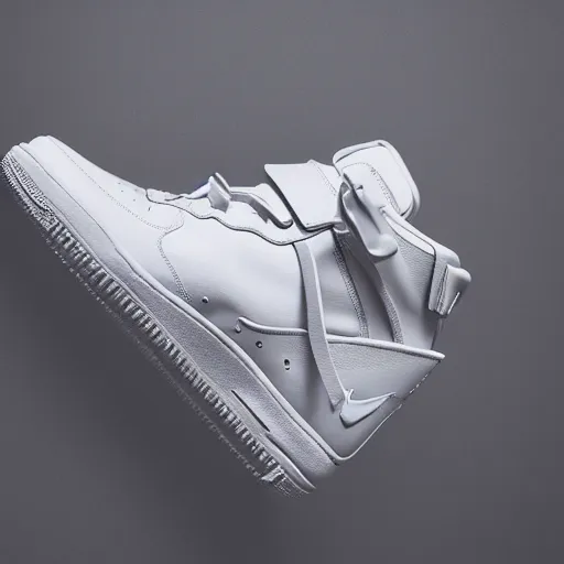 Image similar to all white, 3 d airforce 1 product photo with leather embellishments, distorted nike tick, 3 d bubbles from raf simons ozweego, product render, design sample, octane render, high definition, sneaker photography, photorealistic