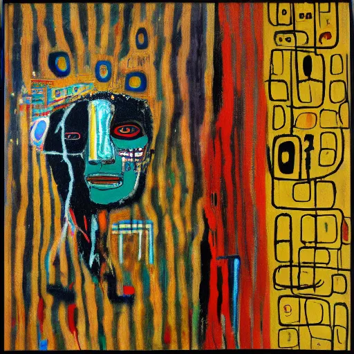 Prompt: artificial intelligence oil painting by klimt and Jean-Michel Basquiat
