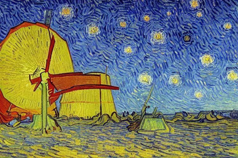 Prompt: windmill on the surface of the moon, circus, magical, warm light by van gogh