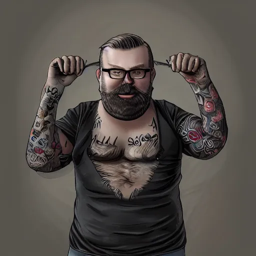 Prompt: A Portrait of Richard Wikström, a bearded man, stocky and short, overweight man in his late 30's, living in Luleå and Boden, he has old school tattos on his sleeves and very large black frame glasses from Gucci. Detailed digital art, portrait, D&D, fantasy, highly detailed, digital painting, artstation, concept art, sharp focus, illustration, art by artgerm and greg rutkowski and alphonse mucha