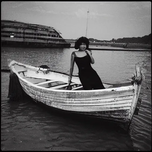 Image similar to “very old photo of mermaid next to boat, black and white”