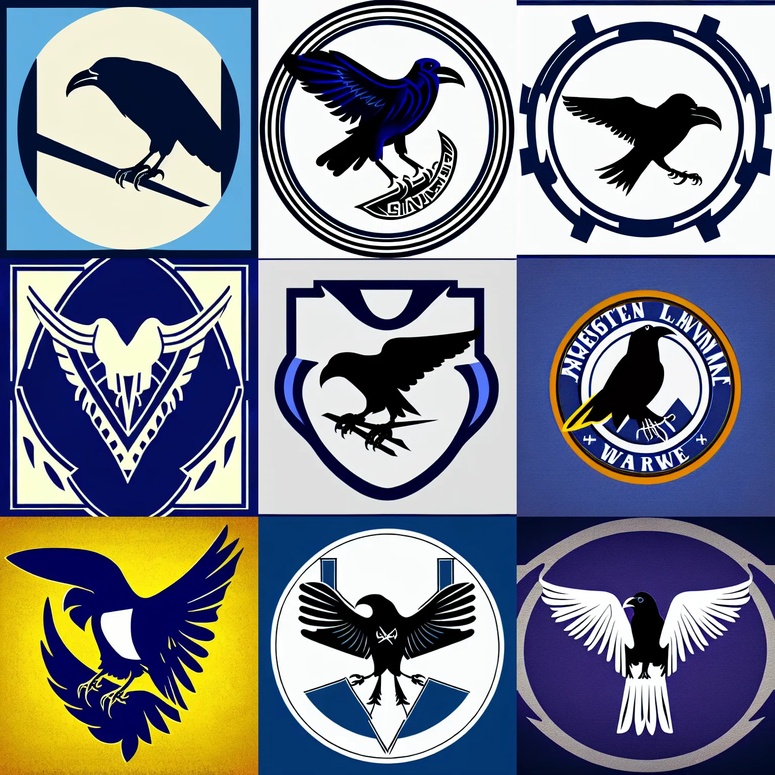 Prompt: western style emblem portraying a raven, corporate logo, art deco, stylized, iconic, vector art, two - tone, clean lines, ultramarine blue and titanium white