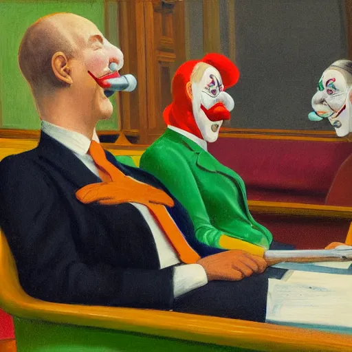 Prompt: a highly detailed fine close up art painting of british members of parliament in the house of commons wearing clown costumes with pleasant oversized joyful faces, they are smoking. in the style of edward hopper, richard hamilton. concept art. whimsical. green leather benches. colour graded by rembrandt. photographic. no artefacts, minimal noise. desaturated. high fidelity facial portrait. 8 k