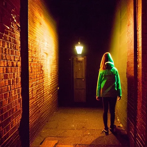 Prompt: a creepy cell phone camera picture of an alleyway in west philadelphia at night, with a college - aged woman in the distance. girl in the photo wearing a pine green jacket. directed by david lynch