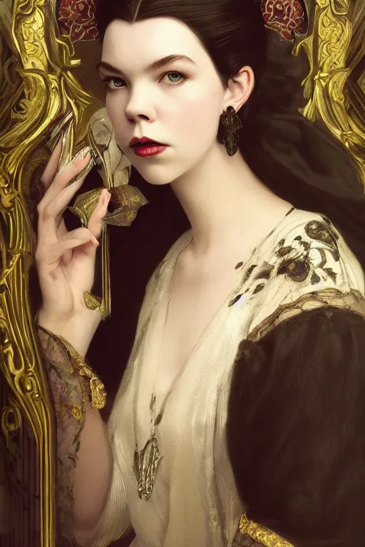 Image similar to a portrait of an elegant beautiful dark bohemian vampire woman, smooth face, glamour shot, bored, illustration, dramatic lighting, soft details, painting oil on canvas, art nouveau, octane render, HDR, 4k, 8k, HD, (Anya Taylor-Joy) by Edmund Blair Leighton, Brom, Charlie Bowater, trending on artstation,
