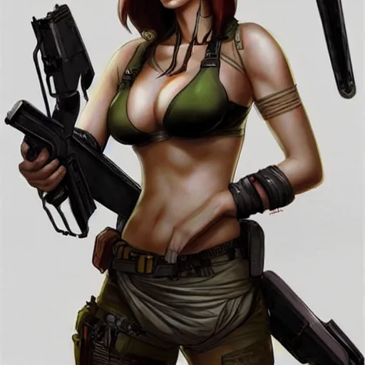 Prompt: concept art illustration of young japanese christina hendricks natalie portman as lara croft anime protagonist, wearing combat warrior fantasy bikini, intricate, elegant, art by artgerm and rosstran, masamune shirow