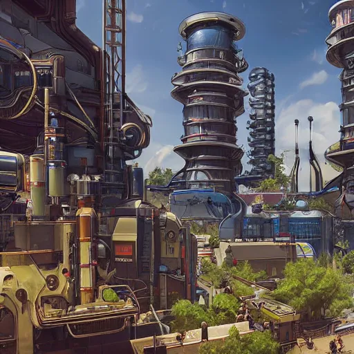 Image similar to sci fi power plant from apex legends in a pleasant urban setting surrounded by families, art station, ultra hd, soft light, overhead sun, ultra hd, art station