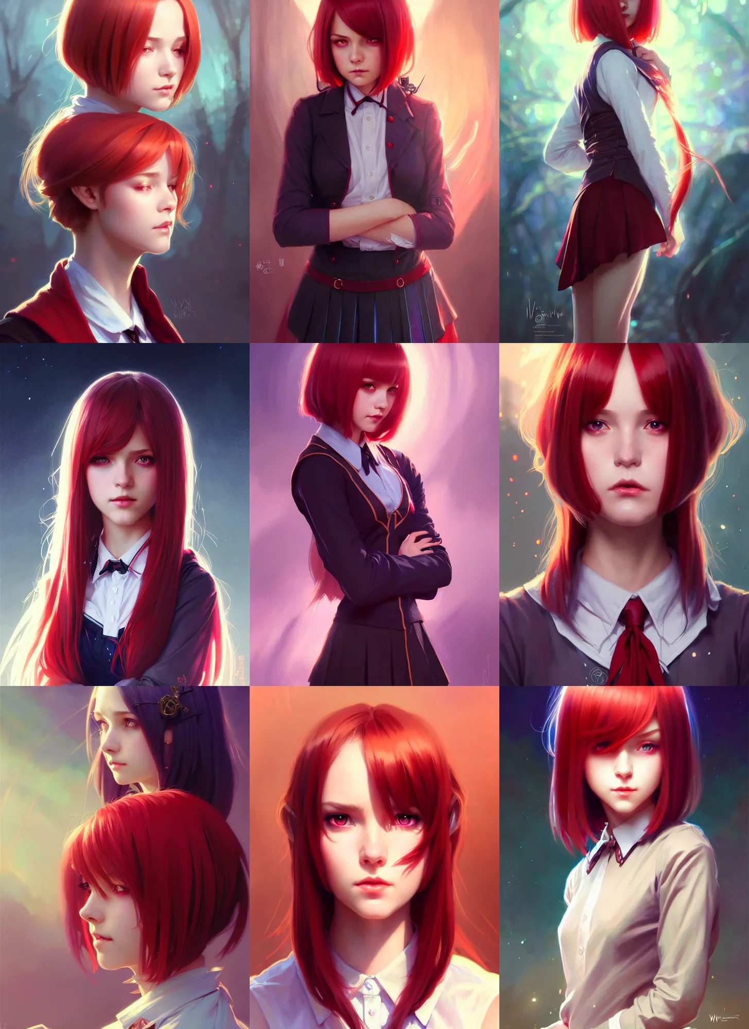 Prompt: portrait cute female, magic school uniform, dnd fantasy magic, long bob cut hairstyle, iridescent red hair, cinematic rim light, intricate, elegant, sharp focus, illustration, highly detailed, digital painting, concept art, matte, art by wlop and artgerm and greg rutkowski and alphonse mucha, masterpiece