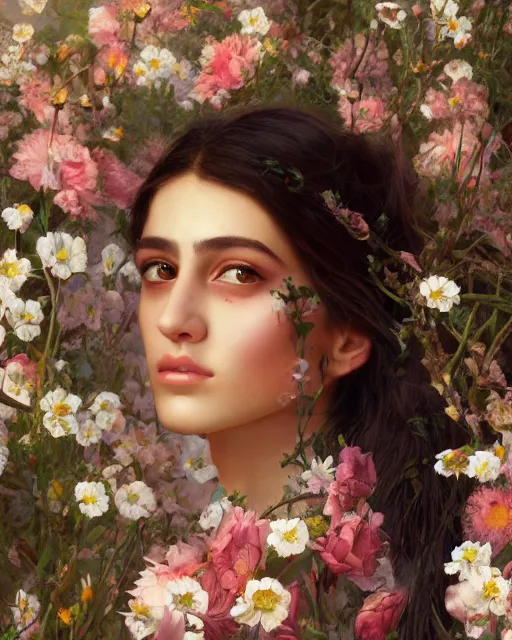 Image similar to portrait of a middle eastern girl, surrounded by flowers by karol bak, james jean, tom bagshaw, rococo, sharp focus, trending on artstation, cinematic lighting, hyper realism, octane render, 8 k, hyper detailed.