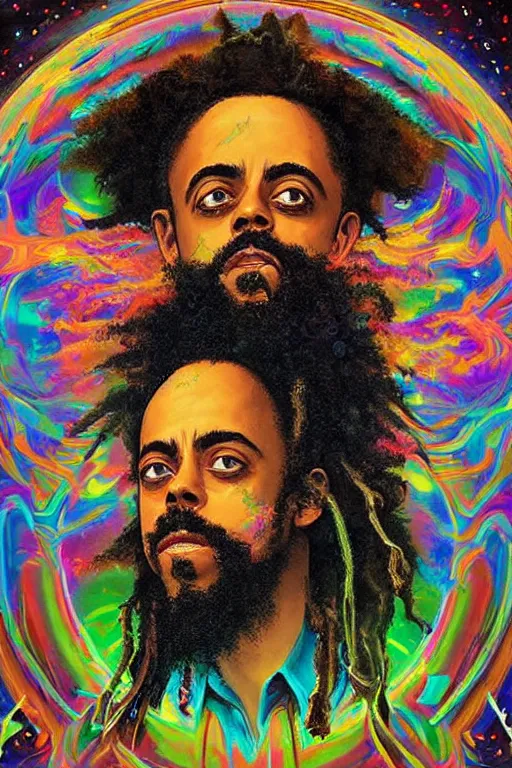 Image similar to a high hyper detailed painting with many complex textures of damian marley making music in the cosmos, cosmic surreal psychedelic magic realism spiritual ufo art