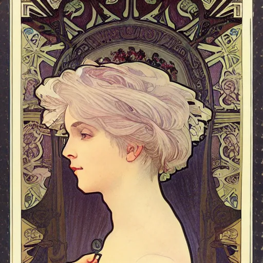 Prompt: portrait of a woman with short white hair, medium shot, illustration, highly detailed, high quality, by alphonse mucha