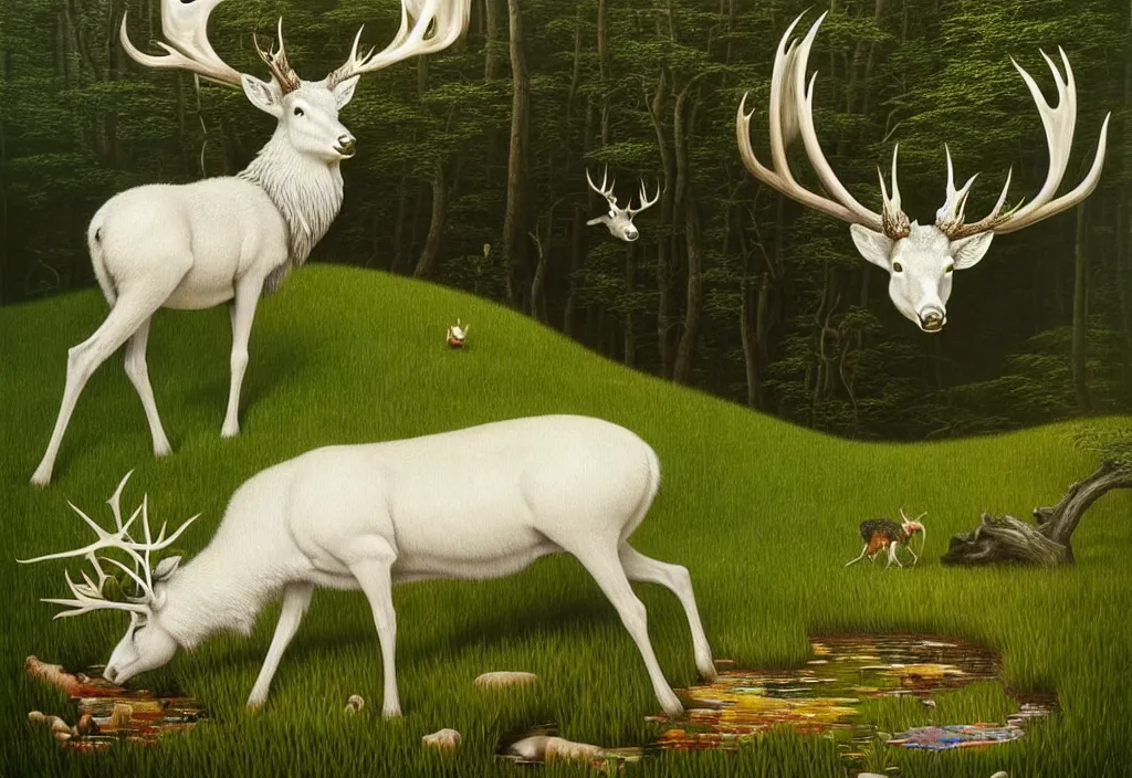 Image similar to hyper detailed 3d render like a Oil painting - white stag drinking from a silvery pool in a peaceful lush meadow, by Jacek Yerka, Mariusz Lewandowski, Houdini algorithmic generative render, Abstract brush strokes, Masterpiece, Edward Hopper and James Gilleard, Zdzislaw Beksinski, Mark Ryden, Wolfgang Lettl, hints of Yayoi Kasuma, octane render, 8k