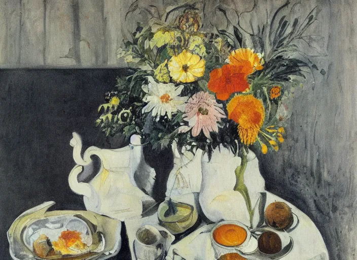Prompt: a surreal painting of a breakfast still life, flowers, by George Baselitz, symbolist, soft colors, dramatic lighting, smooth, sharp focus, extremely detailed, aesthetically pleasing composition