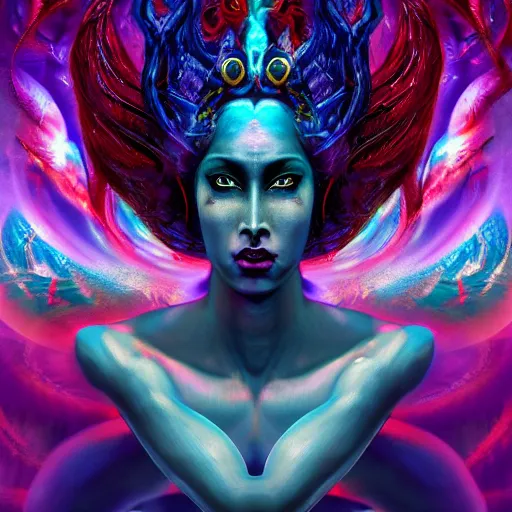 Image similar to six armed goddess, a god, god, ecstatic, infinite power, manic, perfect eyes, full body shot, magical being, magic, portrait, noble, transformation, vivid colors, elegant, concept art, sharp focus, digital art, Hyper-realistic, 4K, Unreal Engine, Highly Detailed, HD, Dramatic Lighting by Brom, trending on Artstation