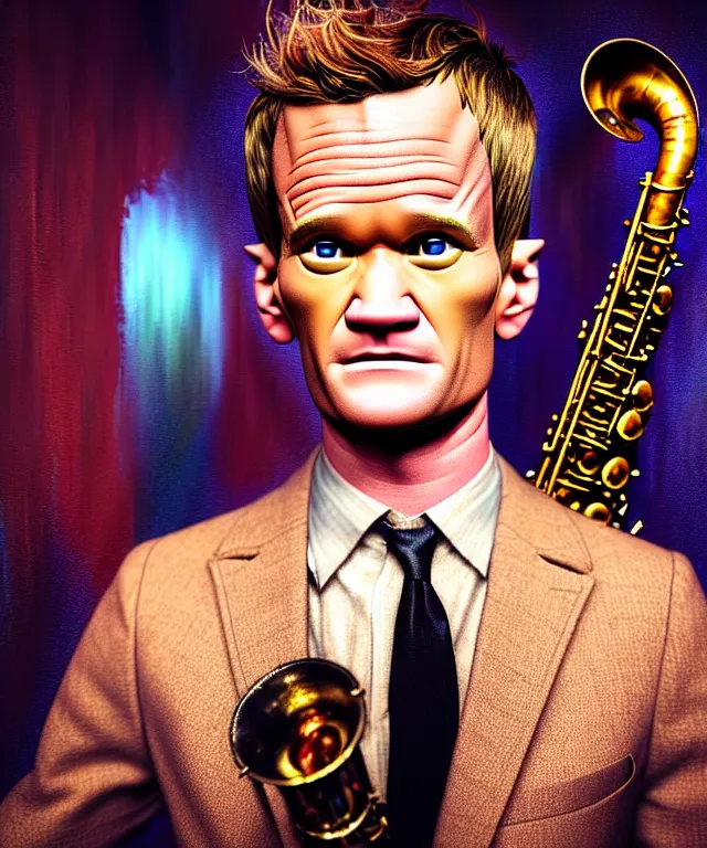 Image similar to hyperrealistic mixed media painting of Neil Patrick Harris as a jazz musician, dimly lit 1920s speakeasy, stunning 3d render inspired art by P. Craig Russell and Barry Windsor-Smith + perfect facial symmetry + dim volumetric lighting, 8k octane beautifully detailed render, post-processing, extremely hyperdetailed, intricate, epic composition, grim yet sparkling atmosphere, cinematic lighting + masterpiece, trending on artstation, very very detailed, masterpiece, stunning