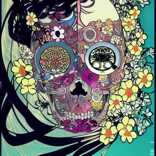 Prompt: anime manga skull portrait face skeleton female with flowers illustration style by Alphonse Mucha and Takashi Murakami pop art nouveau