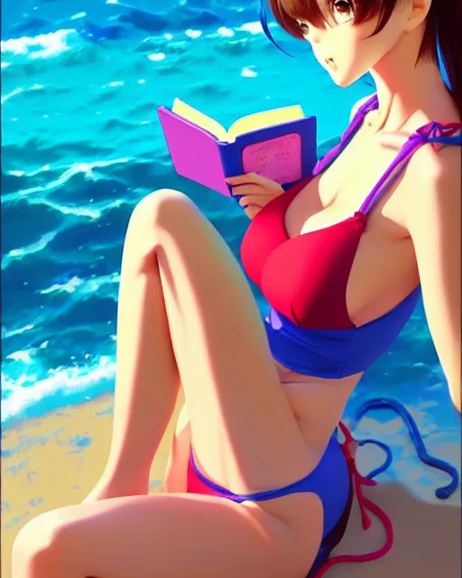 Image similar to very cute girl in bikini reading a book | very anime!!!, fine face, audrey plaza, realistic shaded perfect face, fine details. anime. strong realistic shaded lighting poster by ilya kuvshinov katsuhiro otomo ghost, magali villeneuve, artgerm, jeremy lipkin and michael garmash and rob rey
