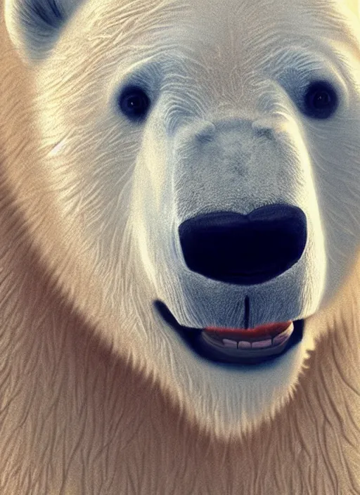 Prompt: a polar bear with stubble, wearing brown jedi robes, smiling, close up, portrait style, star wars atmosphere, photographic print, artgerm, hyper - realistic